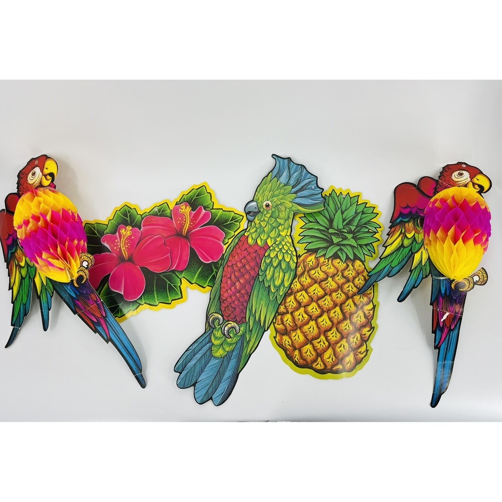Vtg Beistle Parrots Honeycomb Die Cuts Pineapple Cockatiel Tropical Tiki Decor
